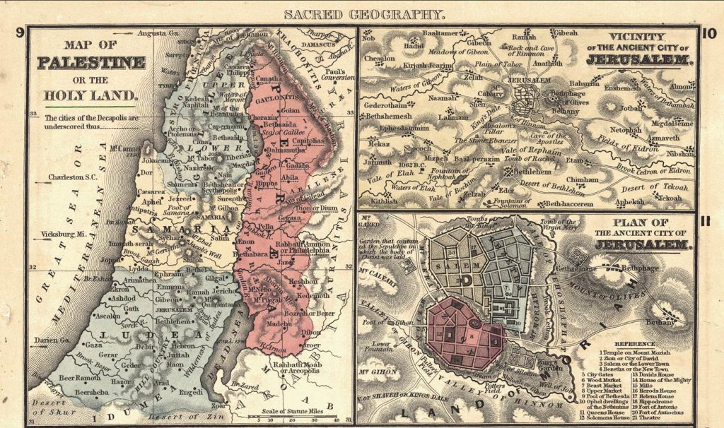 a three-part map that includes the map of Jerusalem, Vicinity of the ancient city of Jerusalem, and plan of the ancient city of Jerusalem